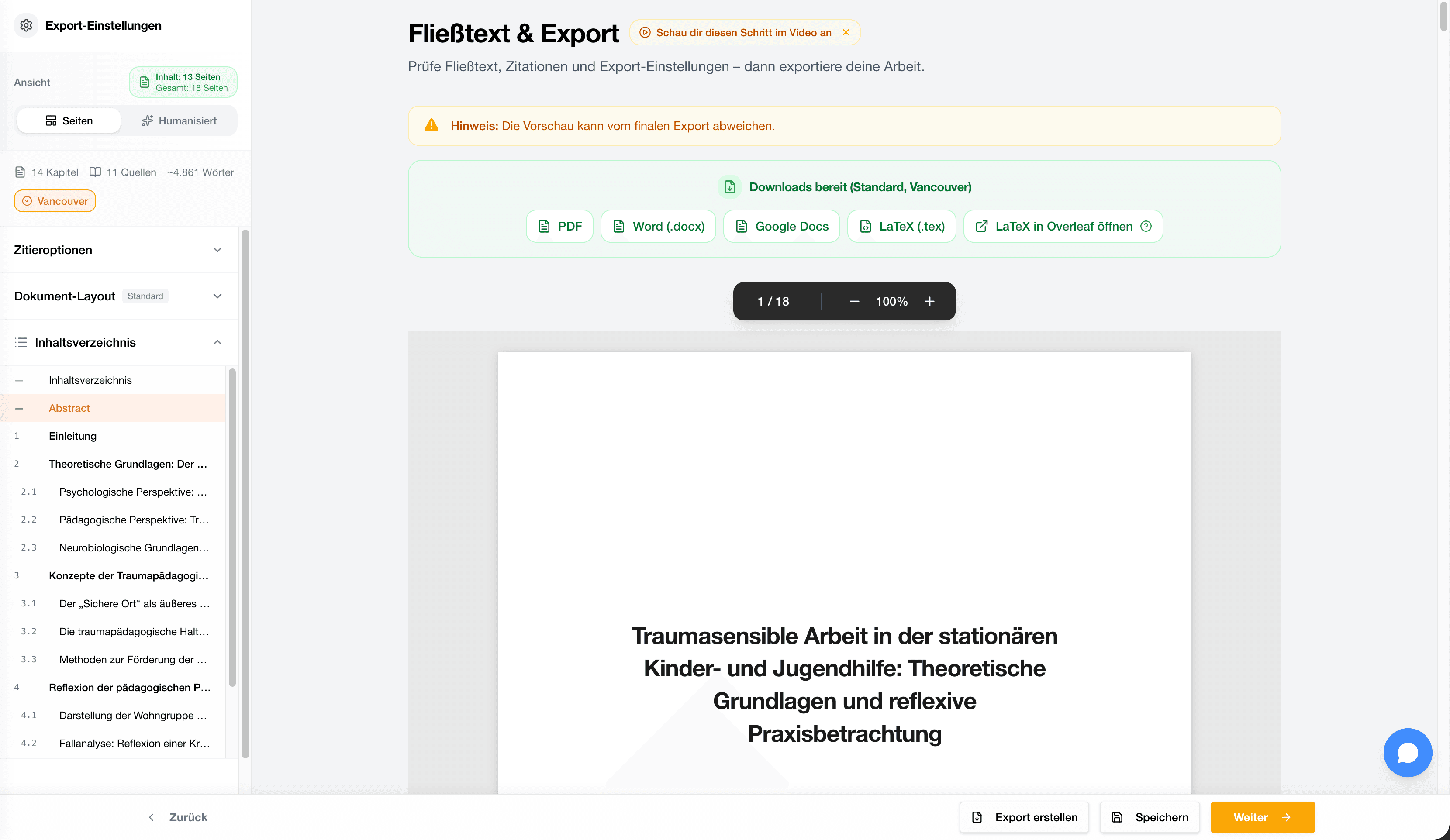 StudyTexter Exportbereich für fertige Arbeit und Zusatzdateien